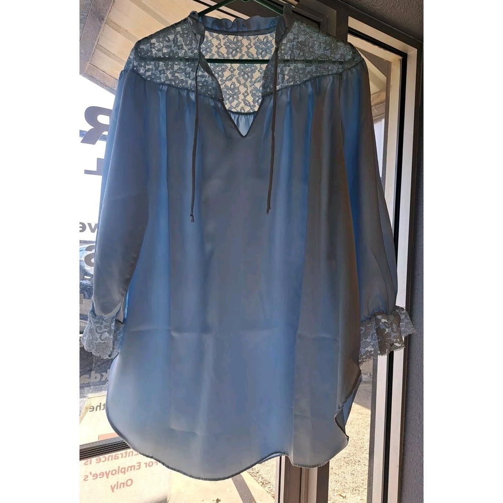 VTG Val Mode Lingerie Shiny Satin OVERSIZED Gown Lace Blue Large Moo Moo (B9.1)